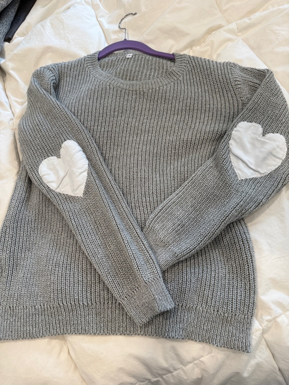 Grey Crewneck Sweater with White Heart Elbow Patches - Women
